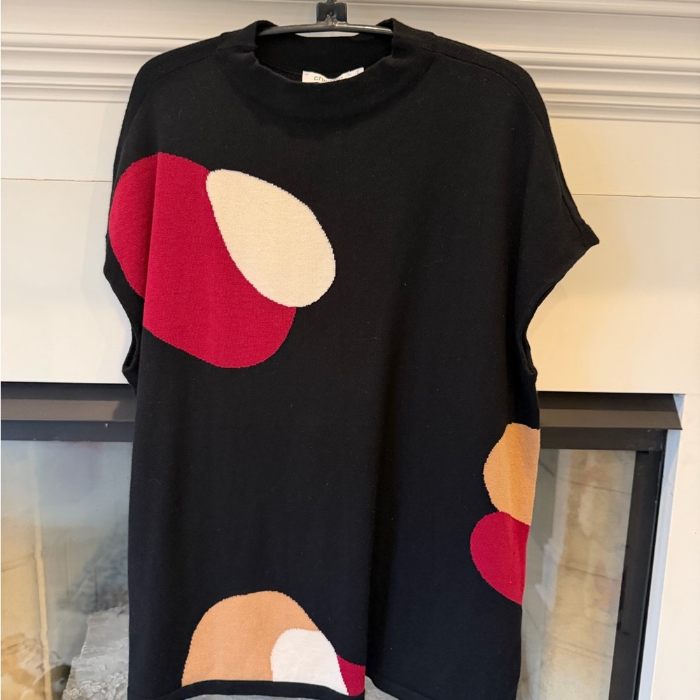 Chico's Black Poly Blend Top  with Maroon, Camel  and Cream Accents EUC! Large